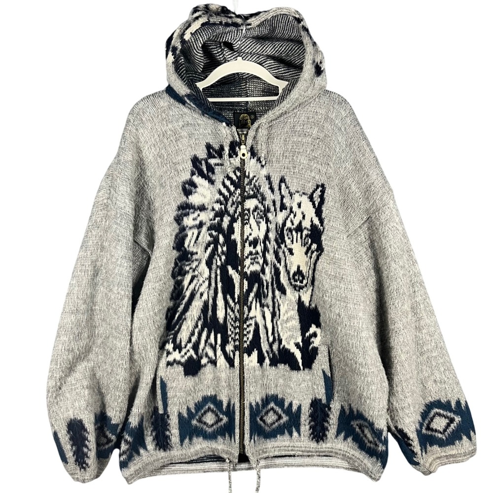 Rumiñahui Wool Zip Hoodie Men XL Grey Native American Chief Wolf Ecuador Sweater